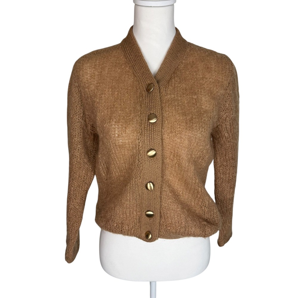 Classic Camel Button-Front Cardigan Sweater Vintage Mohair Wool Retro Grandma